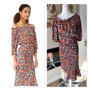 Saloni Grace Off The Shoulder Silk Dress Womens 2 Romantic Florals Midi Ruffles